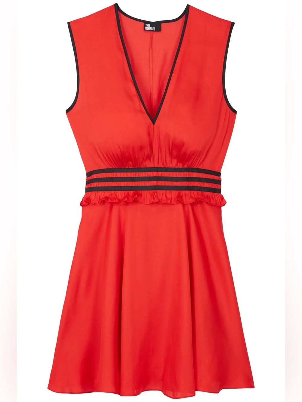 The Kooples Red Sleeveless V-Neck Fit-and-Flare Dress with Black Trim Size S